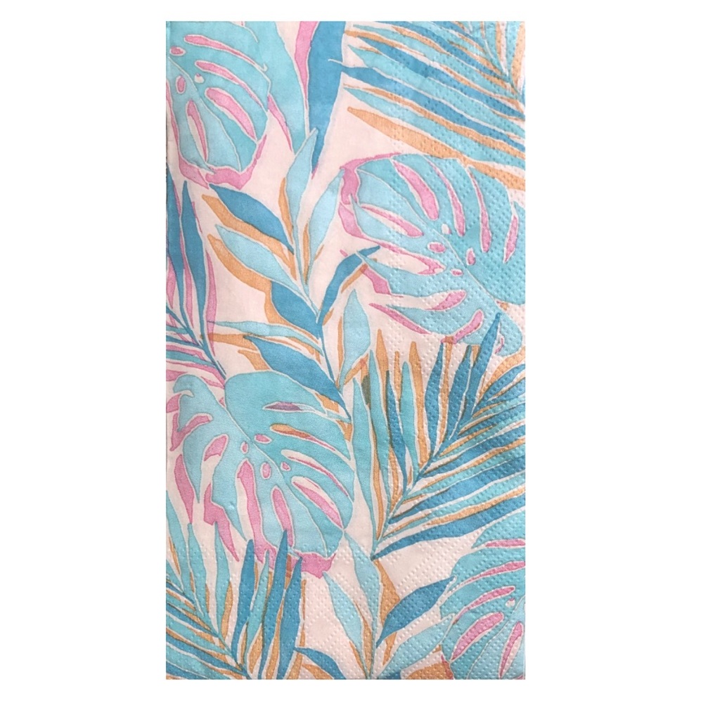 Punch Studio Blue / Pink Palm Fronds Guest Towel Dinner Napkins (29005), 32-ct